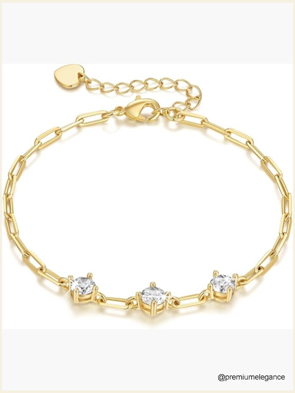 Gold Paperclip Bracelet with Cubic Zirconia, Lightweight Adjustable Chain